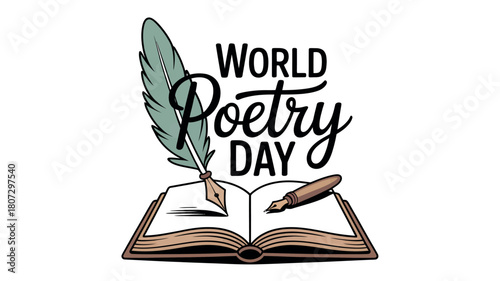 Celebrate World Poetry Day with an open book, quill, and ink pen, symbolizing the art of writing and literature.