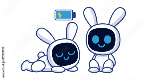 Two cute white robot bunnies with large blue eyes, one is lying down with its eyes closed and a low battery icon above, while the other is sitting up with its eyes open.