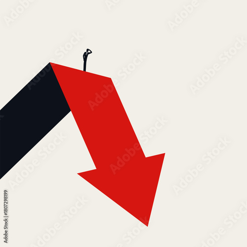 Business conceptual vector illustration of economic collapse and business failure. A worried businessman looks down a steep red arrow representing a market crash.