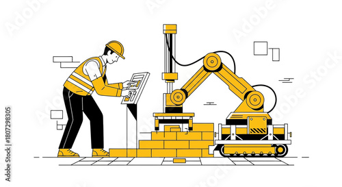 Illustrative scene of a construction worker operating an advanced robotic arm on a construction site