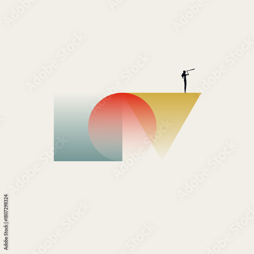Business conceptual vector illustration of innovation and perspective. A businesswoman stands on colorful, abstract geometric shapes looking forward with a telescope.