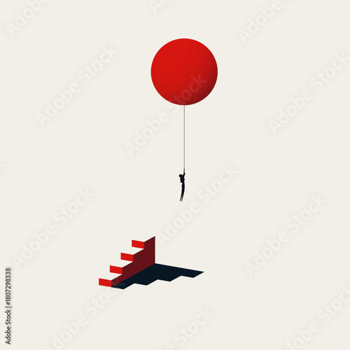 Business conceptual vector illustration of career change and freedom. A businesswoman flies away on a red balloon, leaving behind the traditional corporate ladder steps.