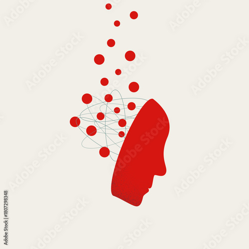 Vector illustration of psychology and mindfulness. Chaotic lines inside a human head transform into floating red dots, representing stress relief or memory loss.
