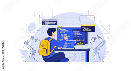 Illustrative scene of a programmer working with advanced technology solutions and robotics