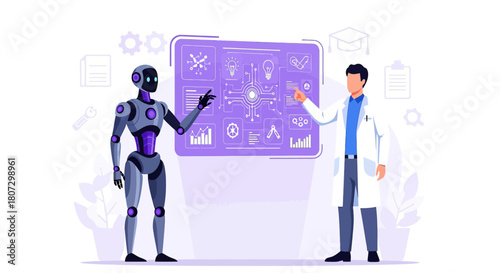 Innovative collaboration: Human scientist and humanoid robot analyzing futuristic interface