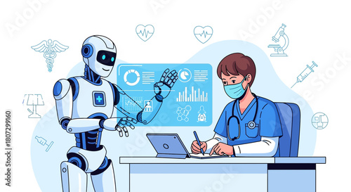 Innovative healthcare concept, doctor collaborating with artificial intelligence robot on patient