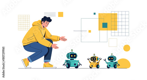 Innovative future of robotics represented by a person interacting with toy robots demonstrating