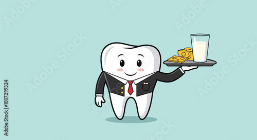 A professional cartoon tooth character dressed as a waiter in a suit holds a tray with cheese and a glass of milk.