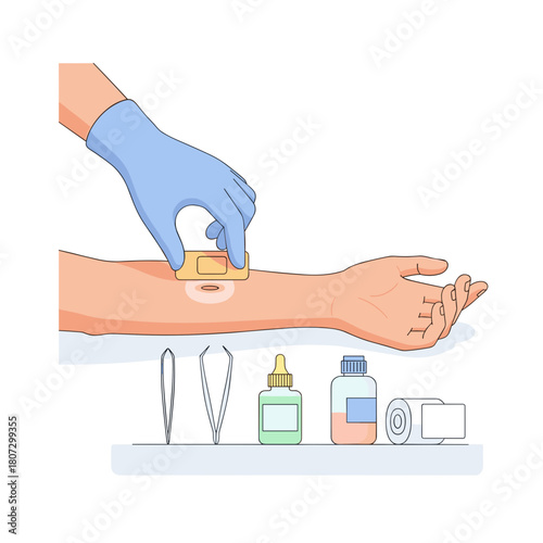 Person applying adhesive bandage to arm during wound dressing procedure  
