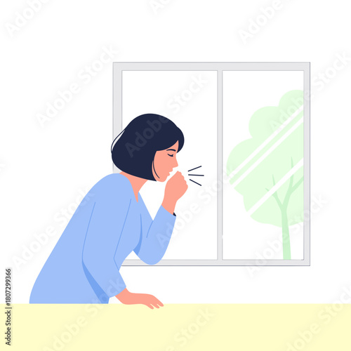Woman coughing while leaning on table near window with greenery  