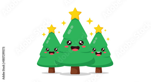 Three adorable cartoon Christmas trees with cute faces and sparkling stars on top are shown as a happy family or friends.