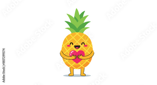 An adorable cartoon pineapple character with a happy face and blushing cheeks lovingly hugs a red heart in an animation.