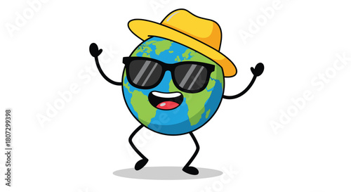 A fun and cool cartoon Earth character wearing a yellow hat and sunglasses dances joyfully in a looping animation video.