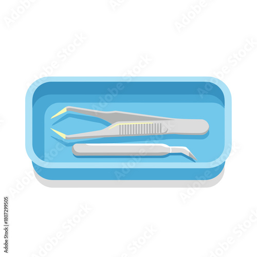 Sterilized tweezers and scalpel in blue medical tray concept of medicine  