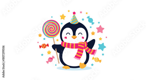 A cheerful penguin wearing a party hat and scarf holds a giant lollipop surrounded by stars and candy in a festive celebration.