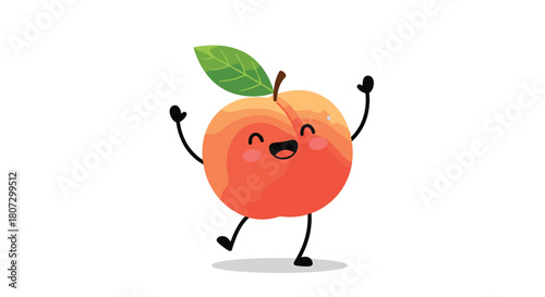A joyful cartoon peach fruit character with a green leaf and a happy face dances excitedly in a cute looping animation.