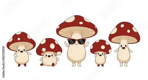 A cute cartoon mushroom family of five with adorable faces stands together with the parent mushroom wearing cool sunglasses.