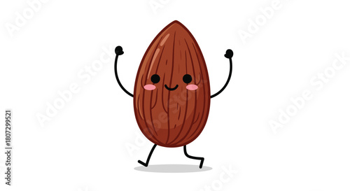 A cute and happy almond nut character with a sweet smiling face runs and waves its arms in a joyful looping animation.