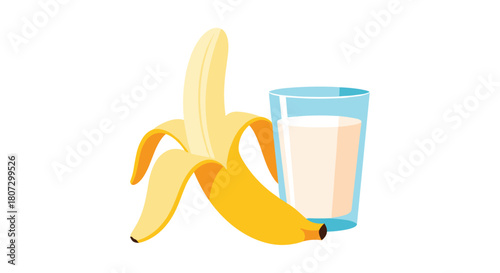 A simple vector illustration of a healthy breakfast showing a half-peeled ripe yellow banana next to a glass of fresh milk.