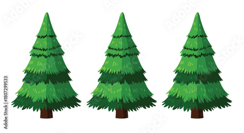 A set of three identical lush green cartoon pine trees or fir trees with brown trunks isolated on a white background.