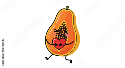 An adorable cartoon character of a sliced papaya fruit lovingly hugs a red heart in a cute and sweet looping animation.