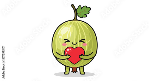 A sweet green gooseberry cartoon character with a happy face gives a loving hug to a red heart against a white background.