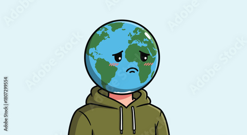 A sad animated character with planet Earth as a head and wearing a green hoodie shows a sorrowful expression with blushing cheeks.