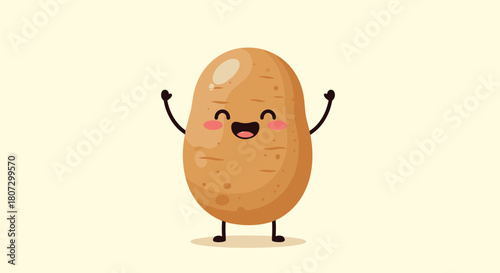 A cute and cheerful cartoon potato character with rosy cheeks and a happy smile waves its arms excitedly in a loop.