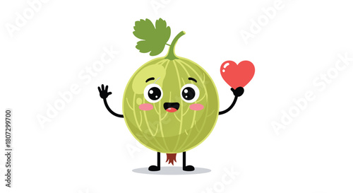 An adorable cartoon gooseberry character waves one hand and holds a small red heart in the other in a sweet animation.