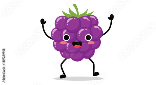 A cute and happy cartoon blackberry fruit character with a joyful face dances enthusiastically in a seamless looping animation.