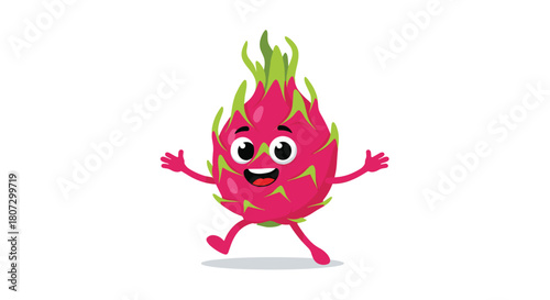 A cheerful and energetic cartoon dragon fruit or pitaya character runs happily with arms outstretched in a looping animation.