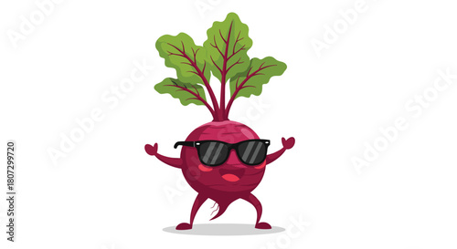 A cool cartoon beetroot character wearing black sunglasses and giving a thumbs up dances in a fun looping animation sequence.