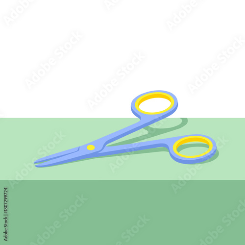 Medical scissors on green table in minimalistic style  