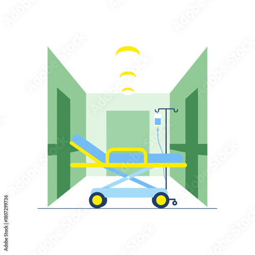 Hospital corridor with gurney and medical equipment in bright colors  
