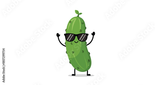 A cool cartoon cucumber character wearing black sunglasses dances happily with its arms raised in a fun looping animation.