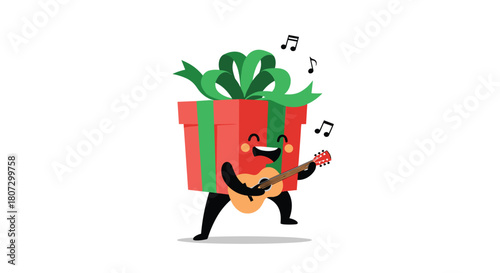 A happy cartoon gift box character with a green ribbon joyfully sings and plays a small guitar in a musical animation.