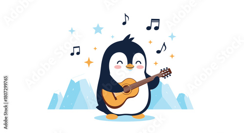 An adorable cartoon penguin happily plays a guitar and sings surrounded by musical notes and stars in a winter setting.