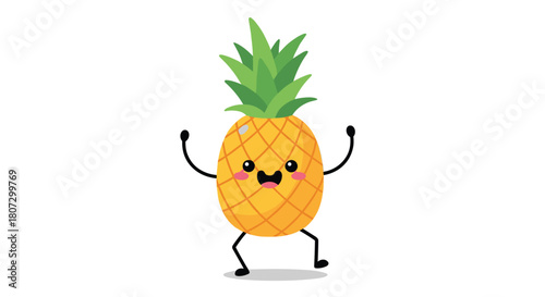A cute and energetic cartoon pineapple character with a happy face and rosy cheeks dances joyfully in a looping animation.