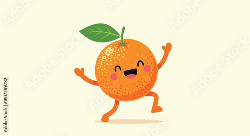 A joyful cartoon orange fruit character with a green leaf and a happy face dances excitedly on a light yellow background.
