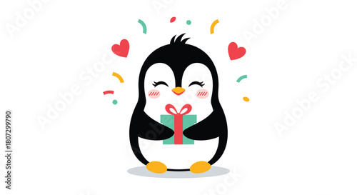 An adorable penguin with blushing cheeks happily holds a gift box surrounded by colorful confetti and floating red hearts.