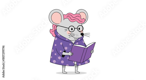 A sweet cartoon mouse with pink hair and glasses wearing a purple robe reads a book in a cute looping animation.