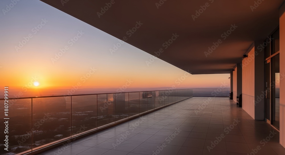 Naklejka premium Sunset view from modern rooftop terrace overlooking city landscape