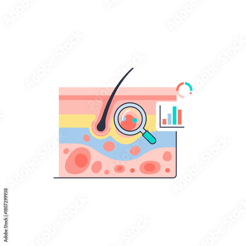Magnified view of skin layer with hair follicle and data chart  