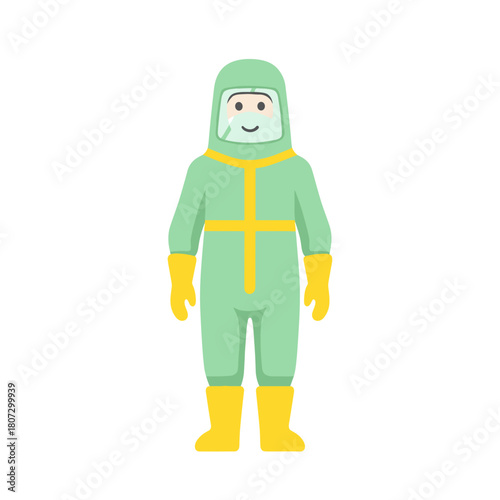 Healthcare worker in green hazmat suit smiling on white background  