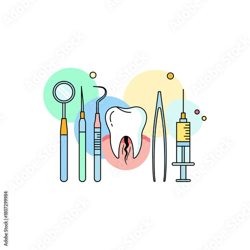Dental instruments with a tooth and a syringe in a colorful design