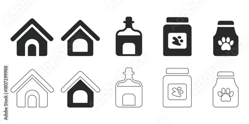 Dog house, food, and medicine icons for veterinary clinic or pet store branding, perfect for logo design, website elements, or print marketing materials.