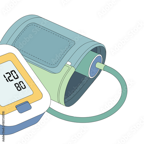 Close-up of blood pressure cuff and monitor displaying readings  