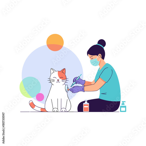 Woman vaccinating a cat in veterinary clinic with safety measures  