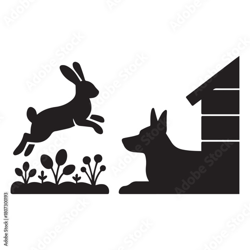Rabbit jumping over plants near a dog and house