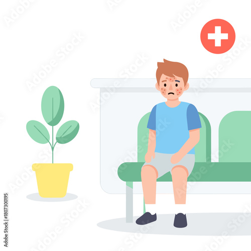 Young boy looking worried while sitting in clinic waiting area  